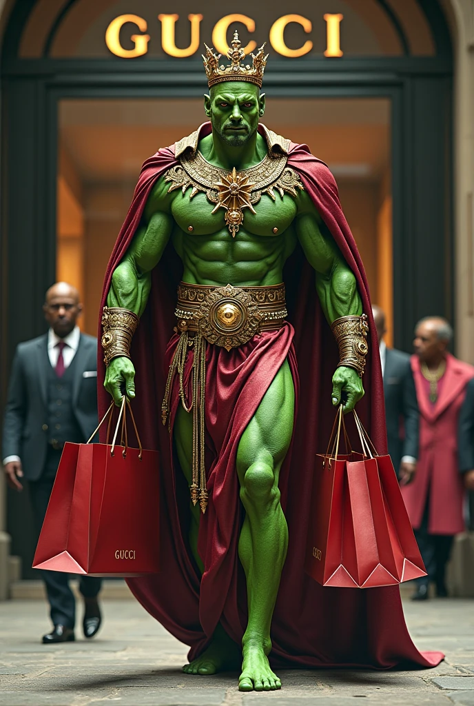 Generates an image of an adult male Martian with green intimidating looking muscles, with jewels and a king's crown, leaving an exclusive Gucci store with many shopping bags and her security staff behind her