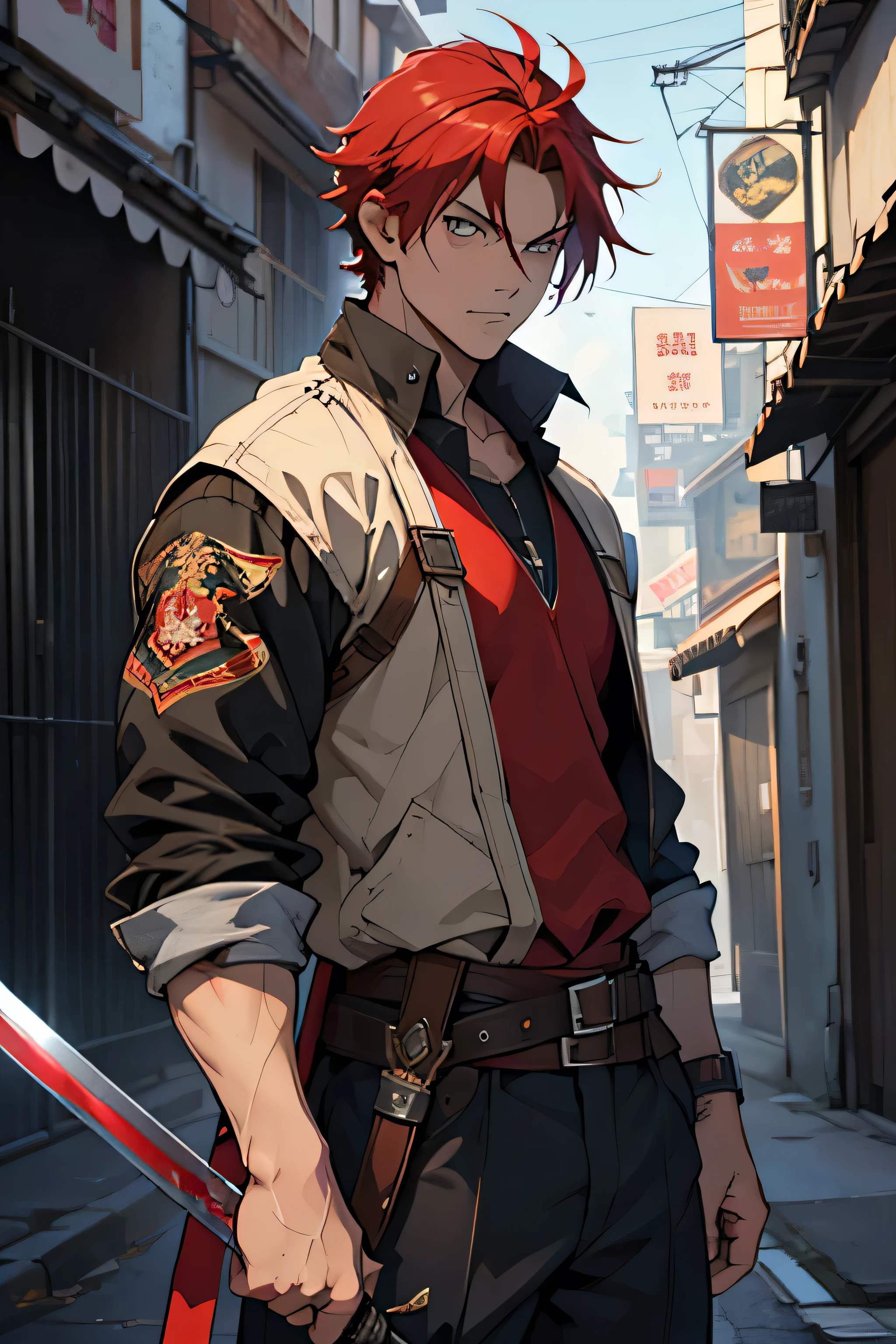 score up_9,score up_8,score up_7,source_anime,retoro,masterpiece,best quality,super fine illustration,super detailed,8k,BREAKmale,18 yo,red hair,sword master,red mantle,holding_sword,cool cool cool,sharp eyes,8k,BREAK perfect hands,perfect body,perfect face,BREAK city,detailed background,beautiful background,