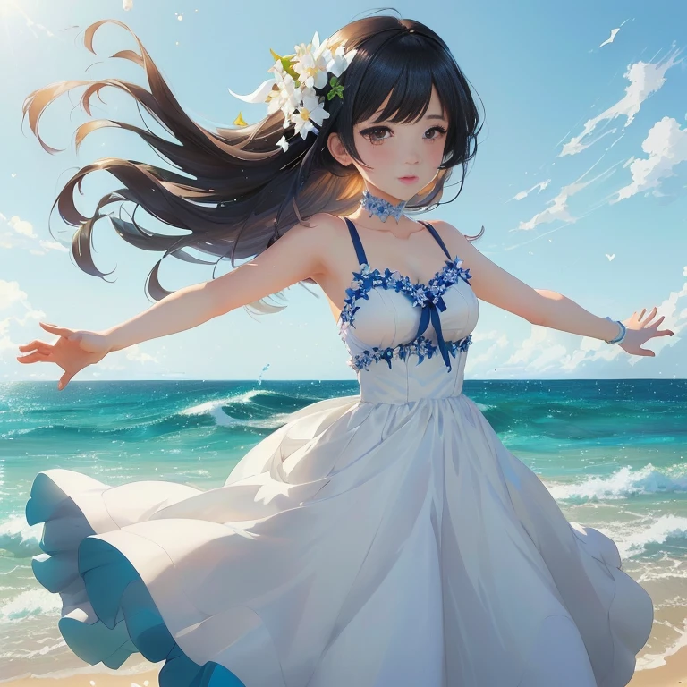 anime girl in white dress on beach with blue sky and water, in dress, anime moe artstyle, beautiful anime, beautiful anime girl, cute anime waifu in a nice dress, anime visual of a cute girl, artgerm and atey ghailan, smooth anime cg art, beautiful anime art, beautiful anime artwork, anime style 4 k, beautiful anime woman