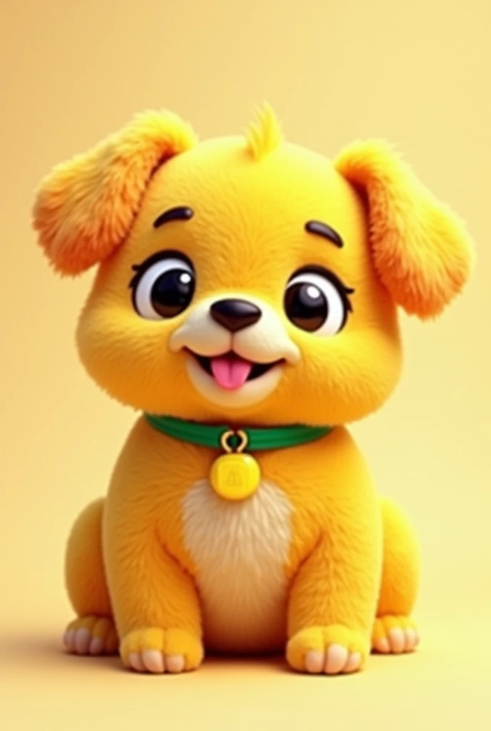 Chubby yellow toy dog with a green collar a yellow tag black dot eyes sticking out his tongue very cute