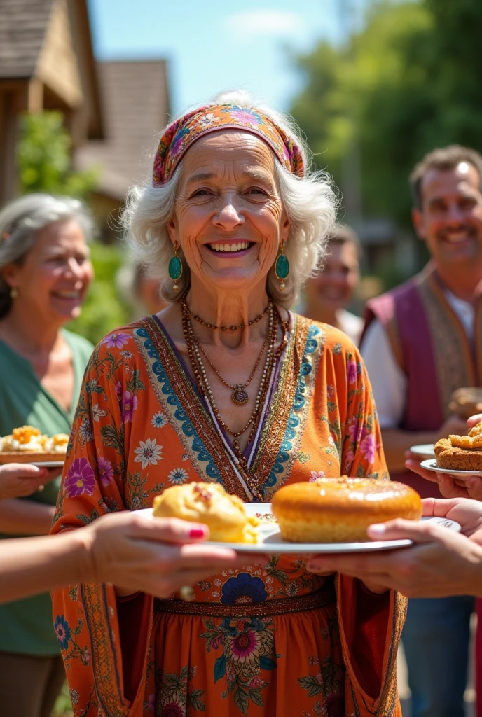 Senior woman 6 bohemian hippy offering food and desserts to her neighbors