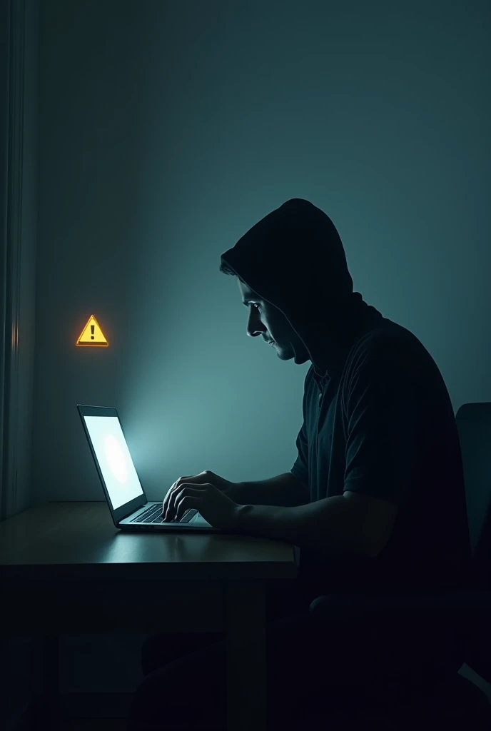 Create a 16:9 thumbnail with a dark background using shades of gray or dark blue to evoke mystery and alertness. Position the silhouette of a person from the side, slightly tilted, with their face turned toward an open laptop. The silhouette should be in black or dark gray to stand out against the background. The laptop should be visible in profile with a white or light blue Wi-Fi icon on the screen, contrasting with the dark background. Next to the Wi-Fi icon, add a small broken padlock in red or orange to suggest an insecure connection. At the top of the thumbnail, place the text "Invasor Conectado?" in Portuguese, using a bold, easy-to-read font in white or yellow. Add a slight glow around the silhouette or the Wi-Fi icon to make them stand out more. In one corner of the thumbnail, insert a small yellow alert triangle with an exclamation point to increase the sense of urgency. Adjust the contrast and clarity to ensure the message is clear and attractive, even in a reduced size.