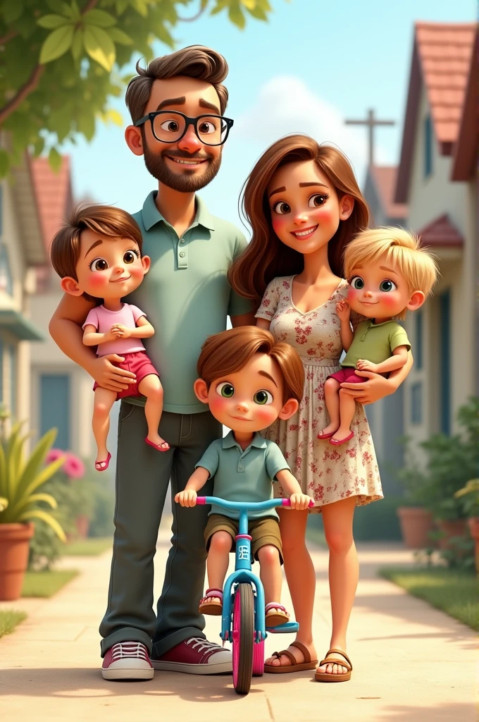 Image type dessin animé pixar d'un couple avec 3 enfants. Caucasiens : le papa 35 ans yeux marrons, lunettes, cheveux poivre et sel, barbe châtain, un peu de ventre mais pas gros. Il est habillé en chino polo baskets. maman 35 ans, femme grosse, cheveux châtain clair presque blonds, yeux bleus, lunettes, habillée en robe fleuri sandales. Leur première de 4 ans sur son vélo bleu ciel avec des pneus roses, cheveux long blonds aux yeux marrons. Les deux autres enfant sont des fausses jumelles de 10 mois, une dans les bras de maman : elle a les cheveux blonds châtain aux yeux bleus ressemblant plus à sa maman. l'autre est dans les bras de papa, cheveux blonds châtain aux yeux marrons avec une fossette à la joue gauche et ressemblant plus à papa.