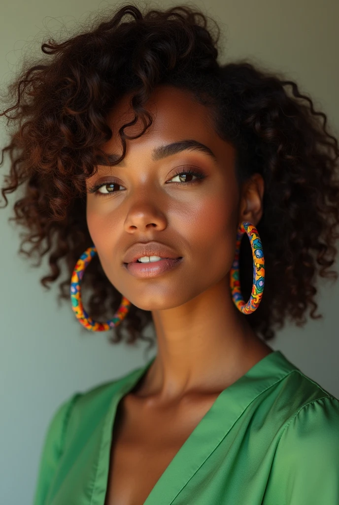 Make a realistic beautiful woman with curly brown hair, with brown skin tone and with a green blouse and colorful hoop earrings.