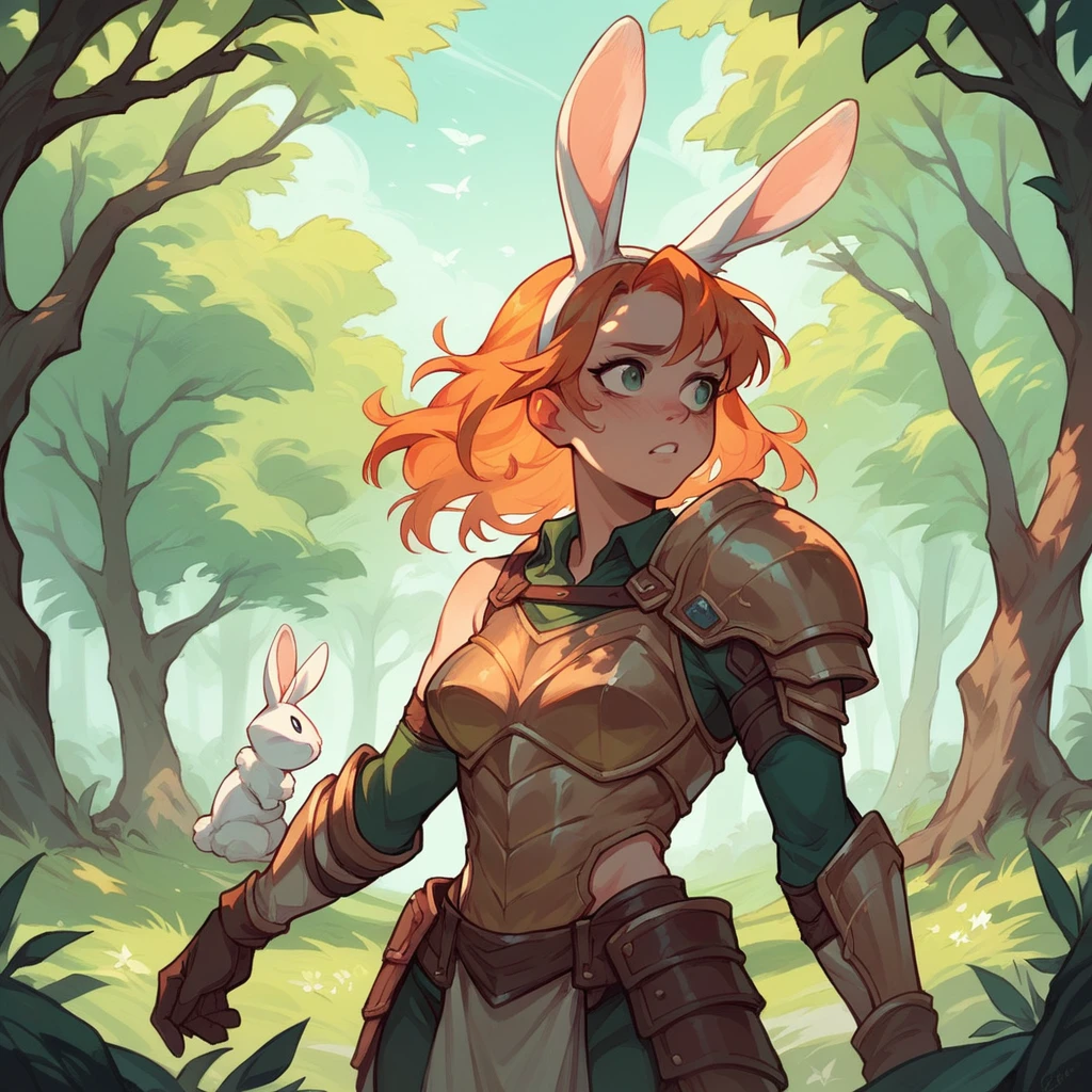 A  female scout (with white bunny ears) with armor on is sneaking in a forest. she has orange hair