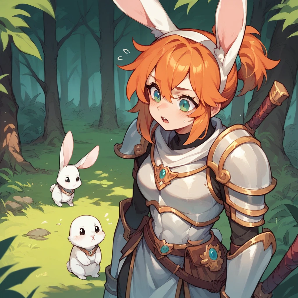 A female scout (with white bunny ears) with armor on is sneaking in a forest. she has orange hair