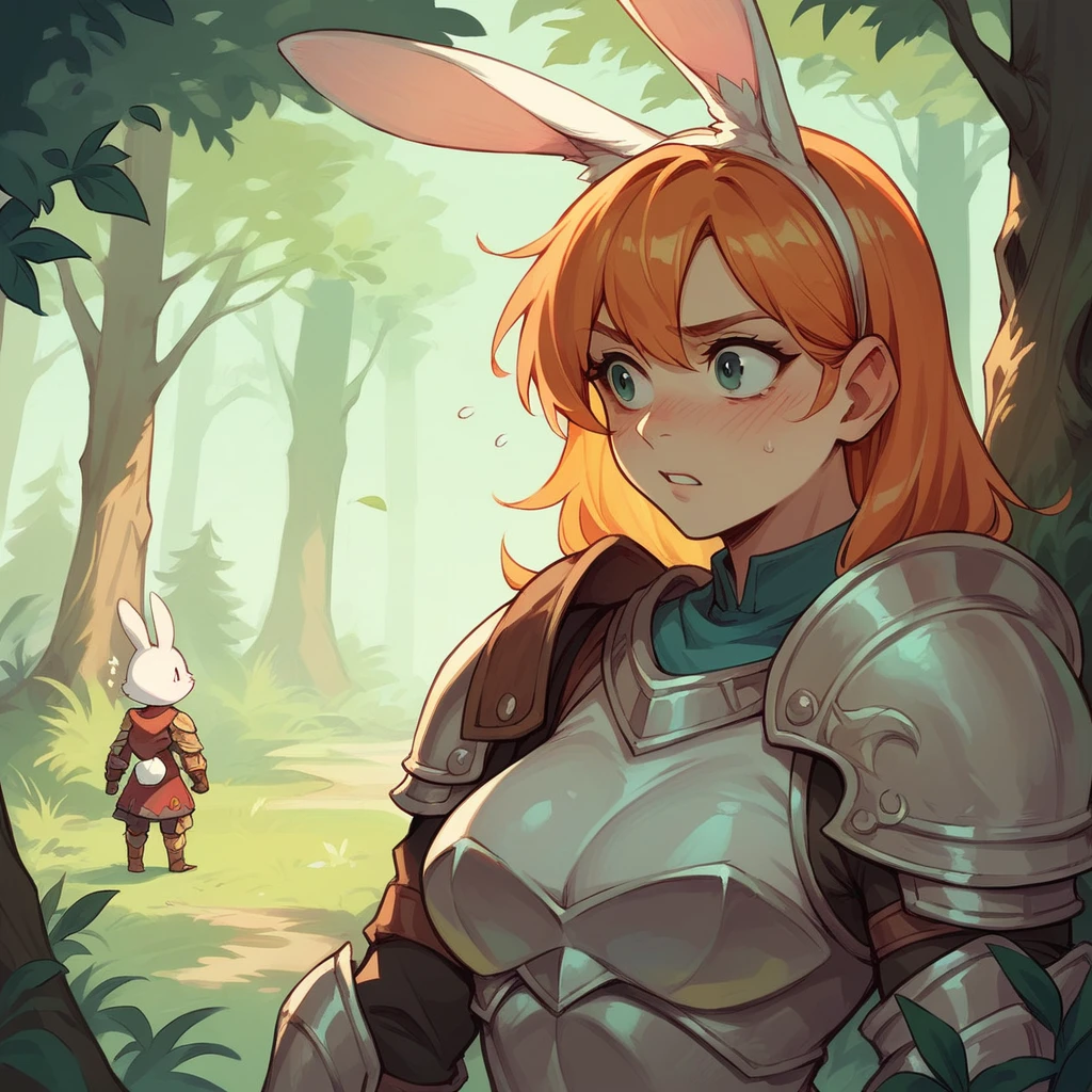 Lyca (AFK Arena), female rabbit, yellow hair, character, one girl, forest, pink fur, tall, green eyes, ranger archer, pink fur, pink skin, medieval clothing, anthropomorphous, rabbit legs
