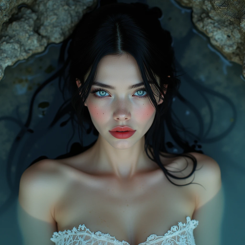beautiful woman with European features, Straight jet black hair is worn loose and wet, bright sapphire blue eyes, porcelain white skin, reddish lips, blushing cheeks. She is lying on a rock while there is water around her, front image.