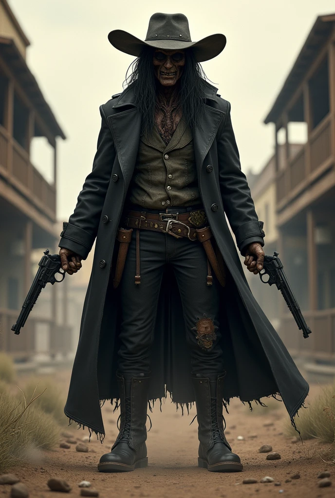 He is 1.80 meters tall, with long, greasy hair and a deteriorated cowboy hat on his head. His face appears to be a mix between human and undead, with a lifeless tone and a portion of his face missing. His eyes are black and empty. He wears a black trench coat with a sheriff's badge, dark pants, and boots, and carries a revolver in each hand. He is known as the Death of the Old West, exuding a heavy and dark energy that terrifies everyone he encounters.He is 1.80 meters tall, with medium-length, spiky black hair slicked back. He has dark skin with a bluish tone and red eyes. He carries an immense sense of superiority over others, demanding that everyone kneel before him. He wears only black pants with boots, keeps his hands in his pockets, and has a terrifying gaze.She is a woman who is 1.80 meters tall, with long, straight black hair adorned with a flower decoration. She has yellow eyes with black sclera, giving her a visually striking yet sinister and macabre appearance. She wears a black kimono with gold details and red flowers, along with boots. She carries a fan in her hands and has a dark aura, with the ability to control others by binding them in chains.He is a bald, black man with yellow eyes, an indigenous leader who controls everyone beneath him. He has white body paint that forms a skull on his face. He walks bare-chested, revealing his strong physique, and wears a cape made of feathers on his back, along with leather pants and boots adorned with feathers around the waist. He carries a staff topped with the skull of a large bird, and exudes a dark aura that conveys fear and superiority. This character should be in the same style as Erick, whom you created earlier.I would like to create a man who is 1.75 meters tall, with white skin and long white hair. He has only a long white mustache and wears scientist glasses. He has green eyes, is slim, and wears a doctor's lab coat over regular clothes, along with common pants and boots. He carries a flask with fluor