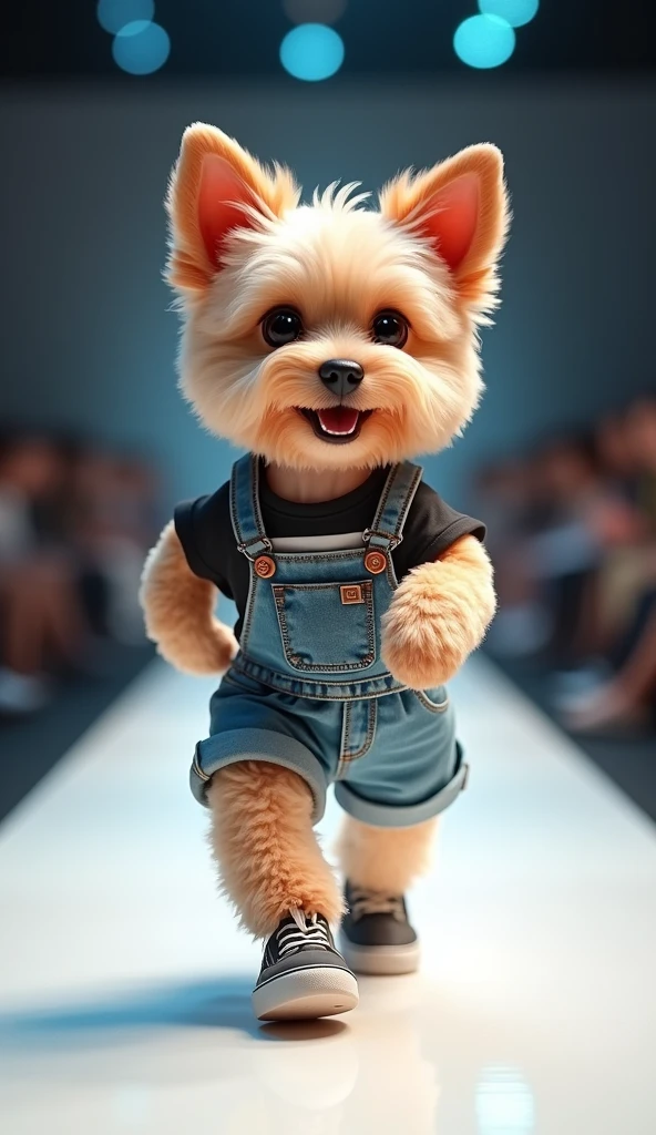 A cute puppy walking on the catwalk, Smiling,Very confident wearing fashionable sportswear with denim shorts,Sneakers on the catwalk,The background is the catwalk.HD camera captures scene images.