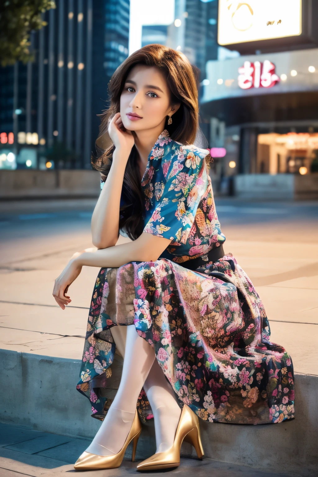 colorful shirt with collar、(long skirt with floral pattern:1.3)、((silk pantyhose))、(She is sitting, showing off her beautiful legs and high heels)、1 girl、(Delicate face、Detailed eyes and face、double eyelid、Glossy lips)、Moisturized skin、Highly detailed face and skin texture、Two well-balanced legs、Large Breasts、((Highest quality、Ultra-high resolution、masterpiece、8k))、((Perfect Anatomy、Anatomically correct))、(Full Body Portrait)、Modern architecture at night on the background、Professional Lighting、Realistic、Realistic、Ultra-realistic