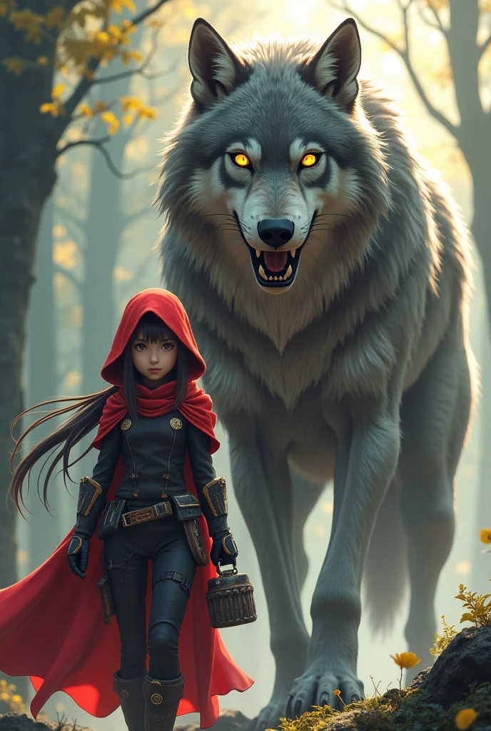 Generate an AI image depicting a majestic, big grey wolf with razor-sharp fangs, piercing yellow eyes, and luxurious gray fur. The wolf should emanate a sense of power and mystery, with intricate fur details and dynamic lighting, including shadows and rays of sunny light. Beside the wolf stands Little Red Riding Hood, transformed into a higher-quality, anime-style character, infused with Japanese aesthetic elements. Her attire should reflect a blend of anime and Disney influences, with sleek armor and futuristic gadgets. Despite her modern appearance, subtle nods to the classic fairy tale, such as her red hood and basket, should be incorporated seamlessly into the composition.