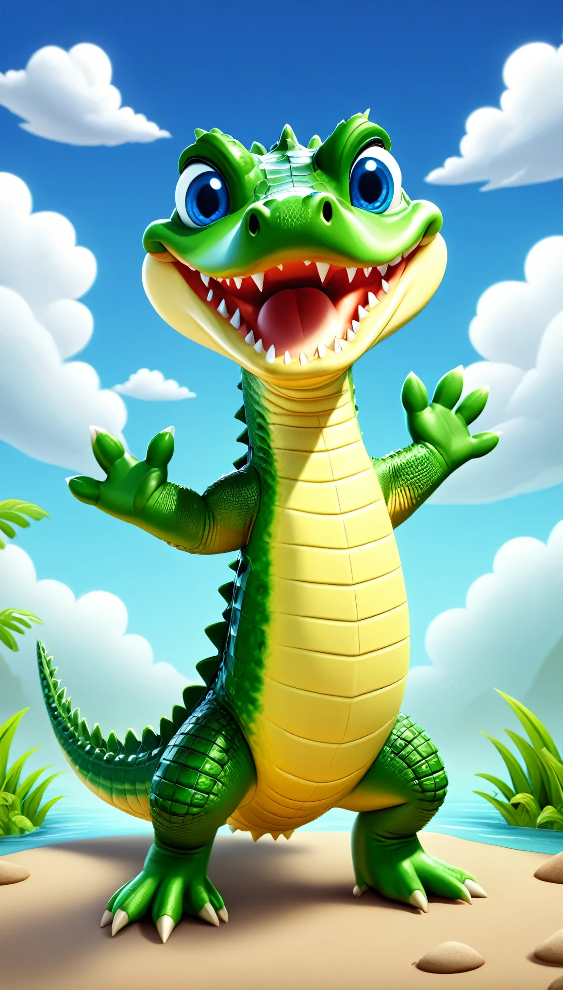 cute baby crocodile, cartoon , arms, hands ,cute eyes, looking at viewer, arms up, cute clothes, close, clouds, straight, blue