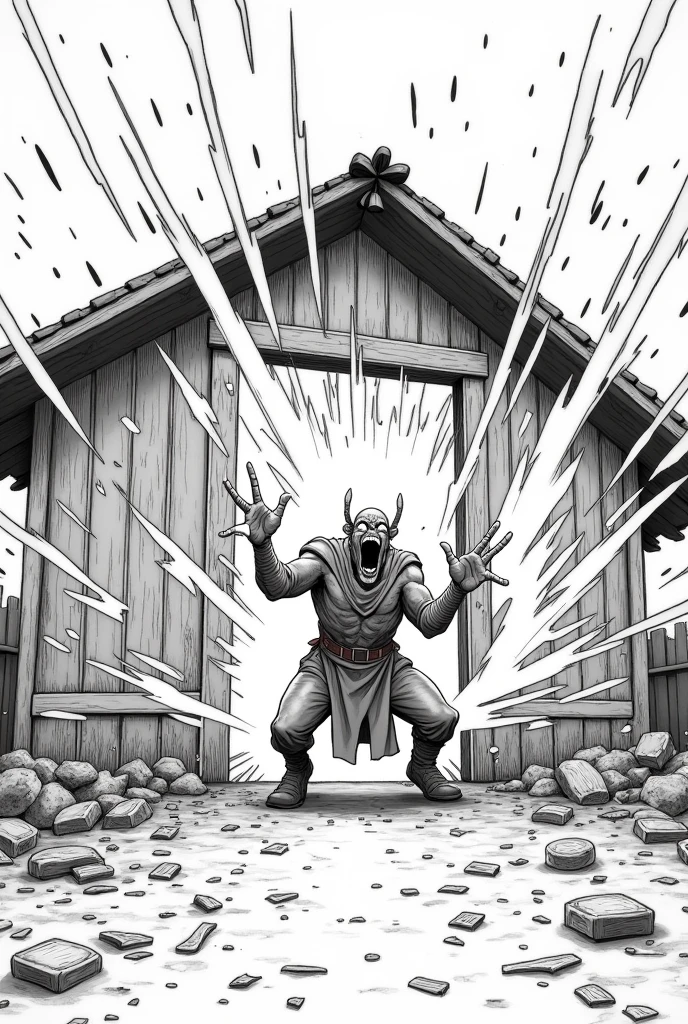 Create a lineart illustration Scene:House Door Explosion: Capture the moment when the alternate Guardian blows open the front door of the hut with a scream of rage. Flames begin to shoot from between his fingers, and the explosion should be accompanied by fragments of wood and debris flying across the scene. The atmosphere is tense and filled with anger.
