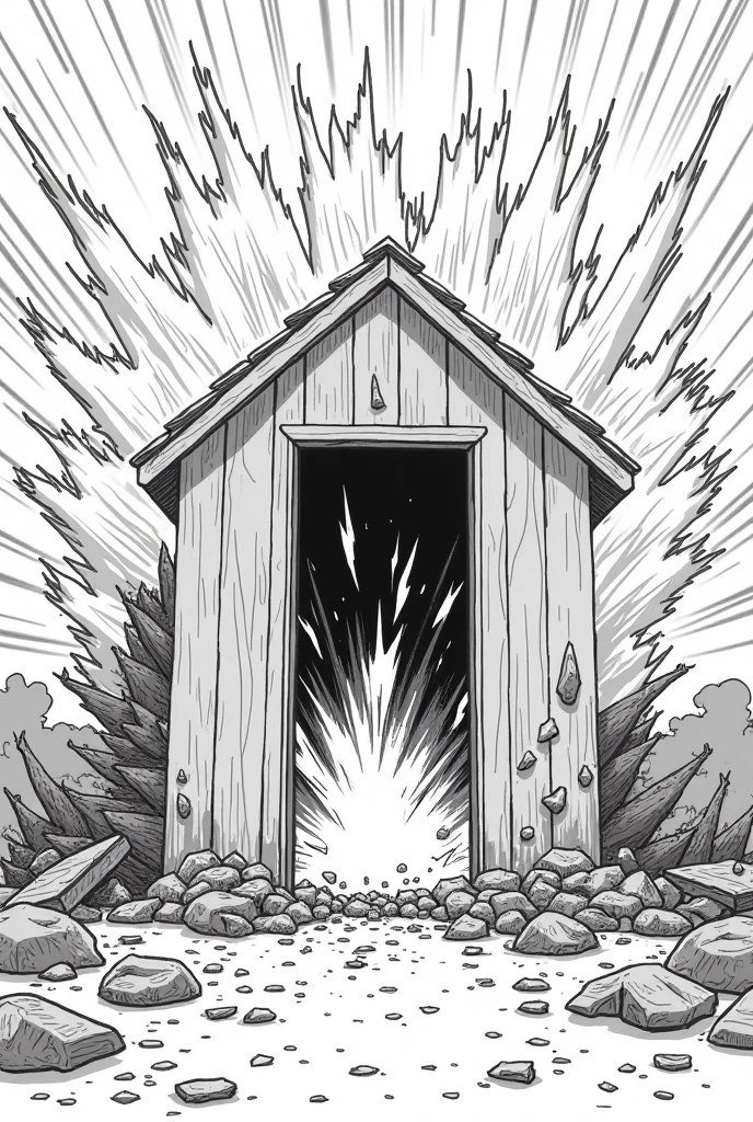 Create a lineart illustration Scene:House Door Explosion: Capture the moment when the alternate Guardian blows open the front door of the hut with a scream of rage. Flames begin to shoot from between his fingers, and the explosion should be accompanied by fragments of wood and debris flying across the scene. The atmosphere is tense and filled with anger.