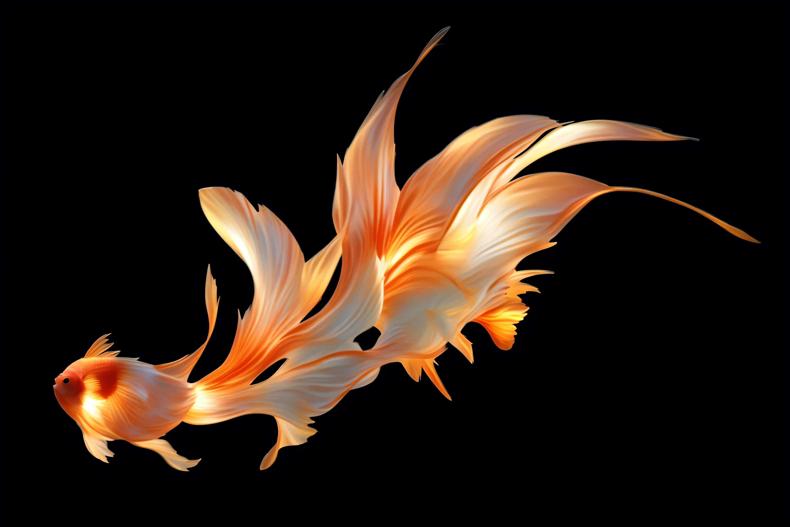 there is a fish that is flying in the air, golden fish in water exoskeleton, floating goldfish, with fiery golden wings of flame, rendered in houdini, floating koi fish, flame fractal, long flowing fins, koi fish floating in space, goldfish, with fiery golden wings, ''wallpaper of a phoenix, koi fish, koi