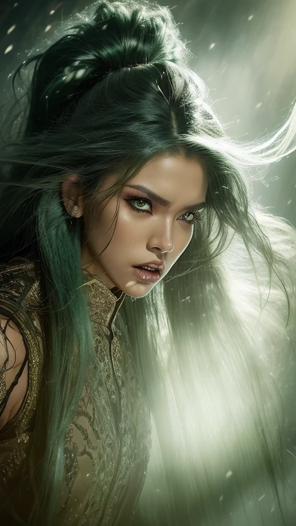 8K , Indonesian woman with tall body and long legs and muscular build, 3 , Woman wearing leather rock n roll clothes with lace, Dramatic images , Beautiful , Extremely detailed , Angry face , ((Hair blowing:1.3 )) , green hair, pose comes out of a magical portal