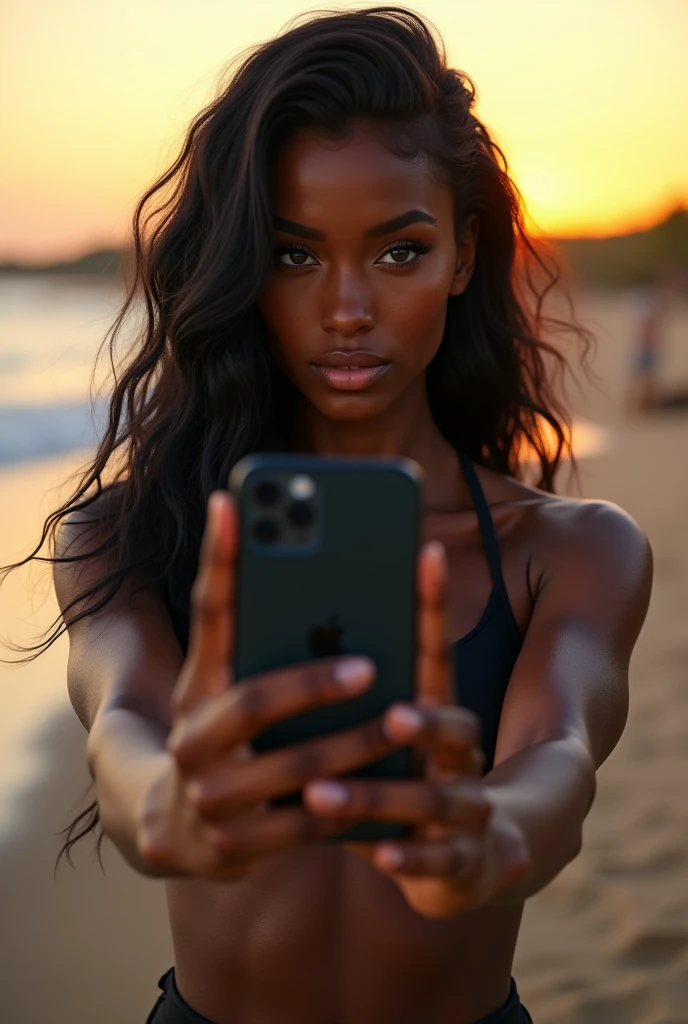 (photorealism: 1.2), sexy and hot black girl in a sexy dynamic pose. raw portrait photography, hyper realistic and detailed face, complex and realistic skin texture, hot body, athletic body, polynesian, blue eyes, long black hair. closed shirt and pants, with an iphone 15 in hand for taking a selfie, natural lighting, sunset background on the beach