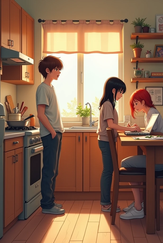 three friends, a white boy with brown hair is cooking in a kitchen while a brunette girl with black hair is on her laptop at the counter and a white girl with red hair is making posters at the table, os three friends nao estao muito pertos um do outro