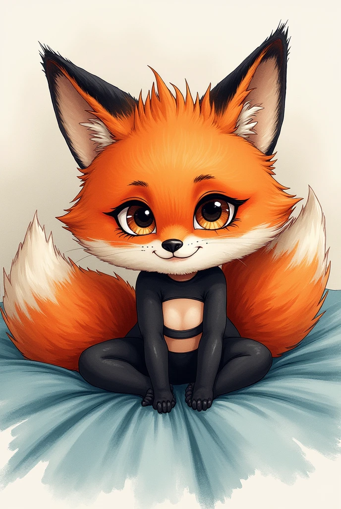 high contrast of colors and values, watercolors and ink, high contrast character and background, only realistic, 1womanl, (cuddly anthro furry:1.6), (cuddly), soft, (muzzle), (red fox:1.1), velues, red fox Girl, Colored short hair, (colored fur, multicolored wildly hair), black pantyhouse, top cut)) beautifull detailed face, Beautiful eyes and detailed fitness body, lying on the bed facing forward