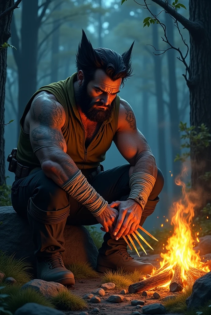 Tired and injured wolverine sitting by the fire
