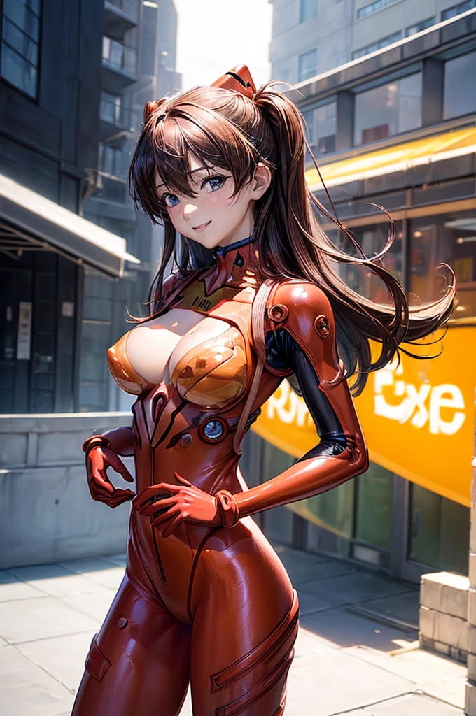 (masterpiece, Highest quality:1.3), (Super detailed:1.4),(Super detailed顔:1.2),(Super detailed目:1.2), (hyperRealistic:1.3), (RAW Photos:1.2), High-definition RAW color photos, Professional photos, (PhotoRealistic:1.4), (Realistic:1.4),8k,Professional Lighting, Perfect Anatomy, BREAK,(Big Breasts:1.4),(blush:1.2),(Bright smile:1.3),detail, Sharp focus, dramatic,dutch angle,(Sexy gravure pose:1.3),asuka langley soryu, (souryuu asuka langley:1.2), long hair, bangs, Blue eyes, brown hair, hair ornament,bodysuit, pilot suit, plugsuit, (red bodysuit:1.5), interface headset,