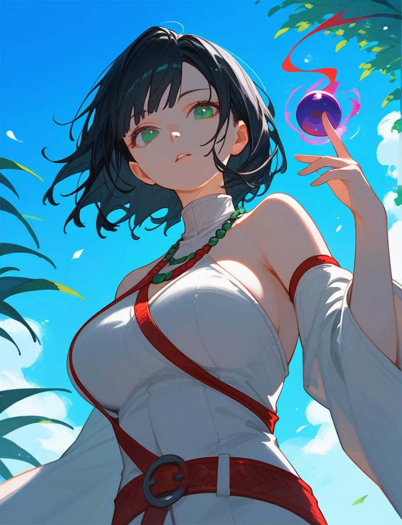 score_9_up,score_8_up, from below, 1girl, Black Hair, green eyes, medium hair, bangs, (forehead:0.6), (bare shoulders), ((necklace)), (red beads:0.9), solo, (plants), blue sky, ((belts)), hands, pose, white kimono, ((magic)), big breast,