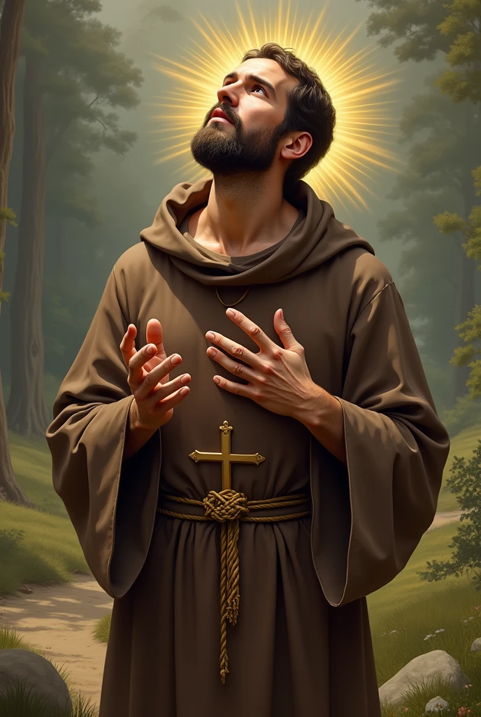 Create an ultra-high-quality image of Saint Francis of Assisi in a natural setting, wearing a simple brown habit with a rope belt featuring three knots. His hands and feet display the stigmata, and he is surrounded by animals like birds and a wolf, symbolizing his deep connection with nature. He is depicted in a moment of prayerful ecstasy, holding a small wooden cross. The background shows a serene landscape, reinforcing his message of simplicity and harmony with all living things. Include intricate golden details highlighting his aura and spiritual radiance, with delicate gold accents throughout the scene to enhance the divine connection imagem gerada de São Francisco de Assis com detalhes dourados, fundo branco em PNG e sem animais ao redor. Ele é representado com a cabeça parcialmente careca, mas ainda com cabelo nas laterais, e segurando um pequeno crucifixo em uma postura de devoção.