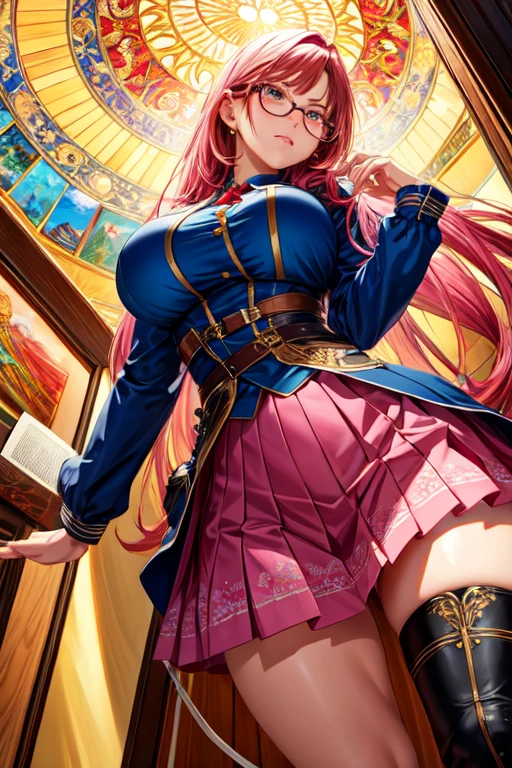 masterpiece, Beautiful art, professional artist, 8k, art style by sciamano240, Very detailed face, Detailed hair, detailed clothing, detailed fabric, 1 girl, perfectly drawn body, beautiful face, broad, Very detailed, wearing teacher clothes, thigh high boots, tube skirt, Glasses, looking angrily over Glasses, Sensual Lips , pink cheeks, School environment, detailed background, board , show details in the eyes, close up view, spectator looking, angry expression,