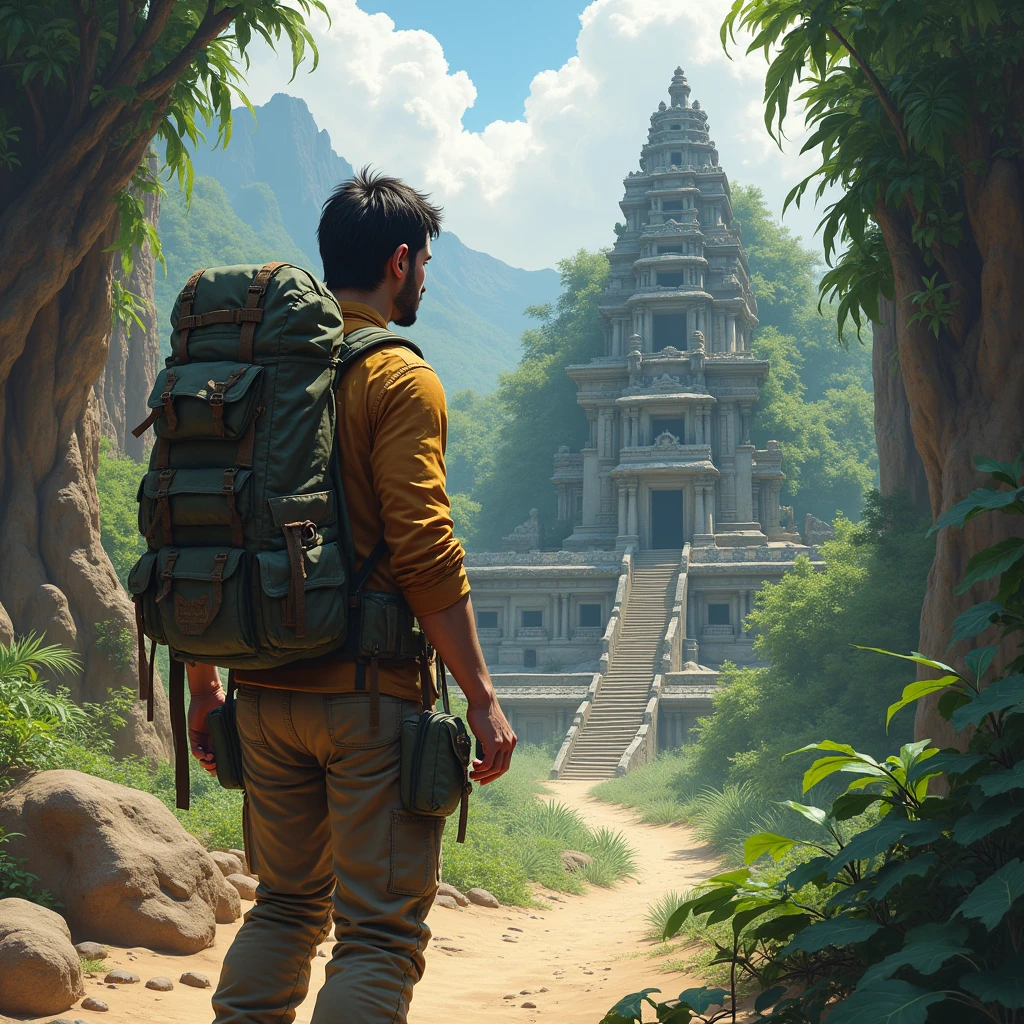Traveling through arid deserts and inhospitable mountains, she faced extreme conditions, But he didn't give up. Following the clues, arrived at an ancient temple hidden deep in the jungle.