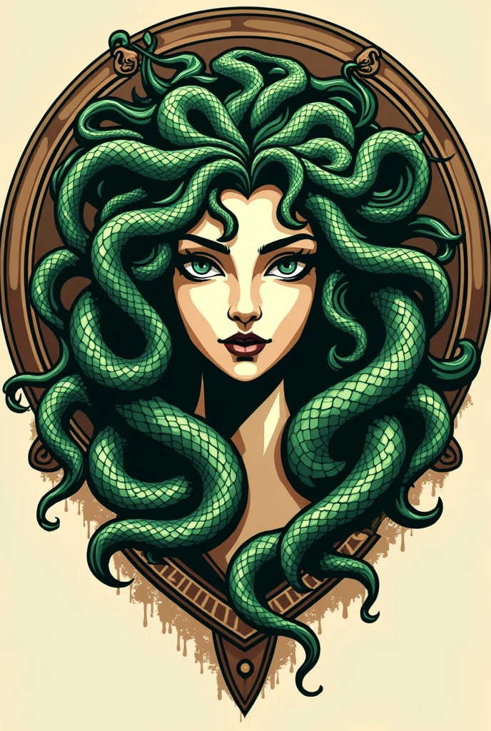 CAFETERIA LOGO WITH MEDUSA, GREEK MYTHOLOGICAL FIGURE WITH GREEN AND BROWN COLOR PALETTE 
