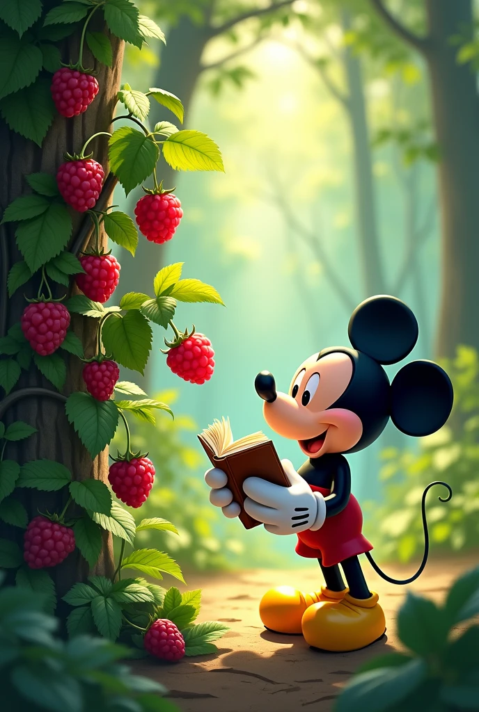 Mickey Mouse is in the forest with the book in his hand and looks at a bush with raspberries, He looks at the raspberry and eats one
