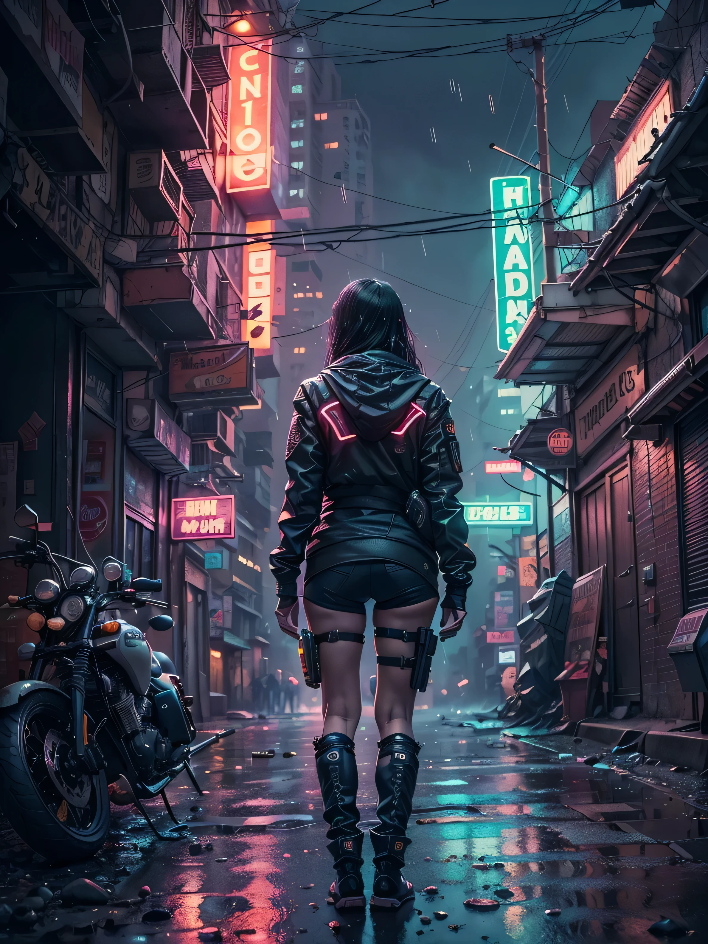 "Create a high-definition, ultra-detailed 3D rendering of a dystopian cyberpunk back alley set in the year 2527. The scene takes place at night during a mysterious, rainy atmosphere. In the foreground, prominently feature a motorcycle girl. She should be positioned within a detailed, shadowy alley illuminated by vibrant neon signs. The neon lights should reflect off the wet pavement and cast dynamic shadows. The environment should emphasize a futuristic, gritty feel, with a strong sense of depth of field and a big-picture perspective. The scene should capture both the intricate details of the character and the dystopian surroundings."