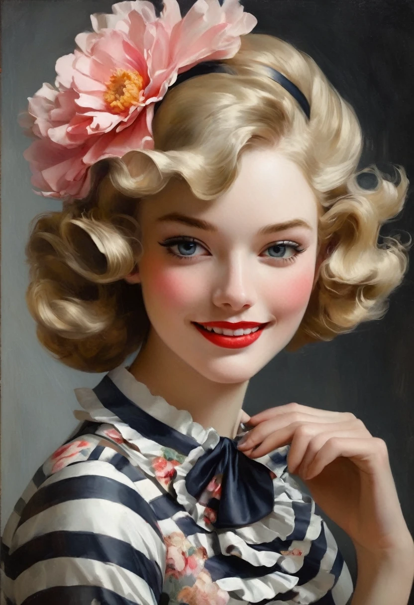 Delicate studio artist model. Coby Whitmore, artgerm, Ray Caesar, Lichtenstein, Fragonard. Vogue fashion editorial. Oil painting heavy strokes, best quality. Chunky necklace, scalloped flower petal dress, polka dots, stripes, floral patterns. Perfect face, big smile, detailed eyes, detailed pupils, chic hairdo. Dramatic lighting, deep shadows, chiaroscuro.