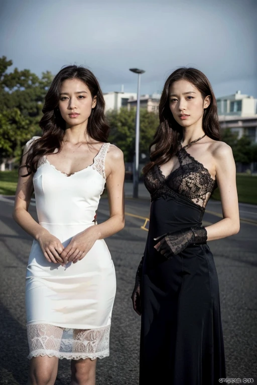 highest quality，ridiculous，Dramatic，2 Arav ladies in realistic lace dresses，2 female students，Very detailed details of the face，Real skin texture，HD Skin，Night view，Standing in the school square, Still image of 007, Pageant rendering, model, Luxury, Shoulders visible, Network mode, Still frame from movie - ar 16:9 