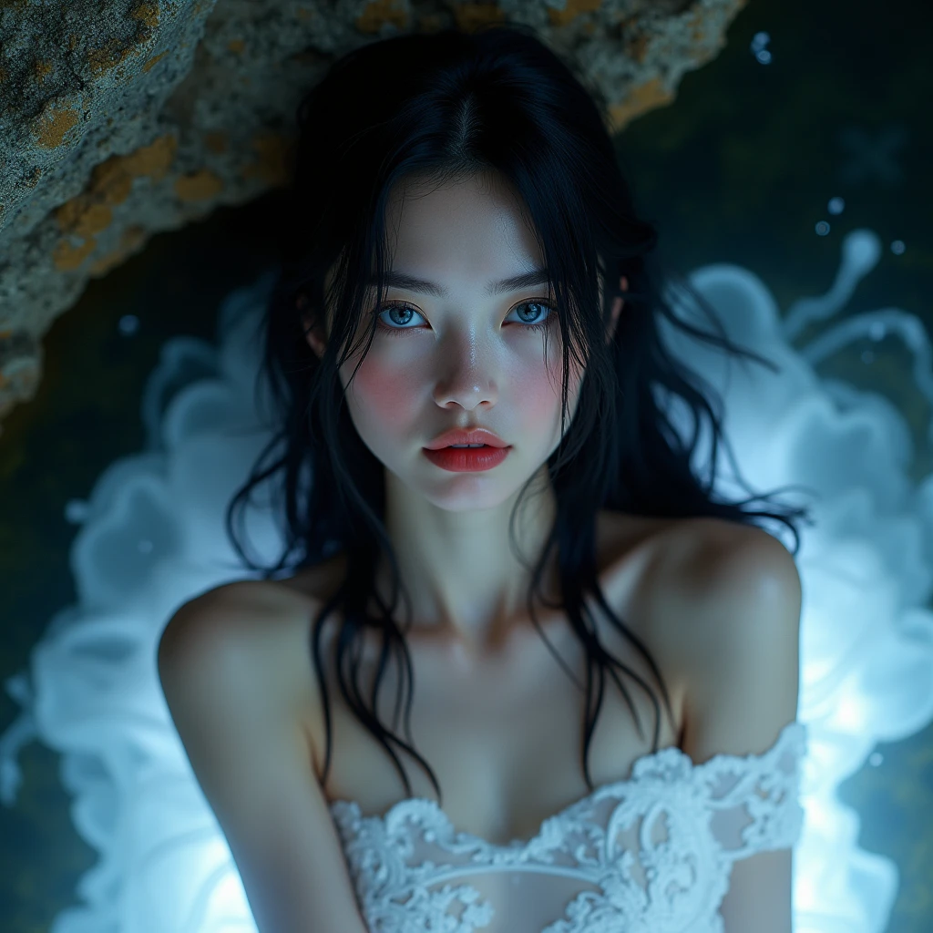 beautiful woman with European features, Straight jet black hair is worn loose and wet, Deep blue eyes like bright sapphires, porcelain white skin, reddish lips, blushing cheeks. She is lying on a rock while there is water around her, White glow, magic image, front image. She is very precious 
