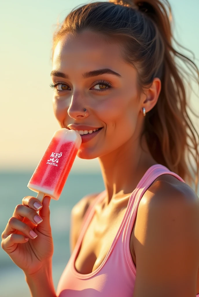 Create an advertisement for an ice cream brand called KFD Protein, with a fitness poster girl eating ice cream popsicle
