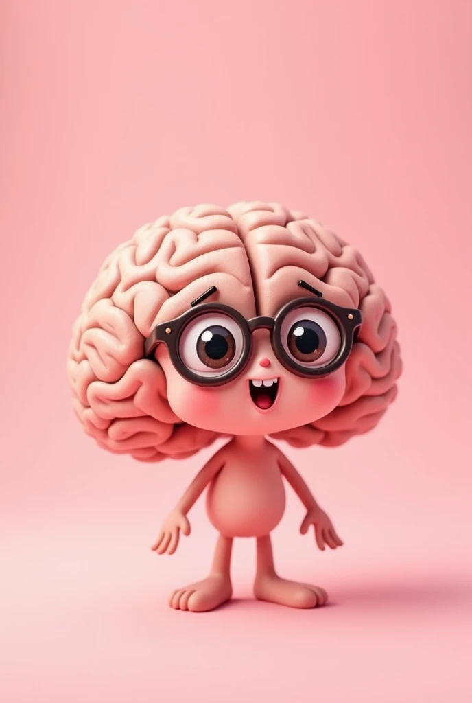 cute brain, animated cartoon, with glasses, pink back ground, the brain is