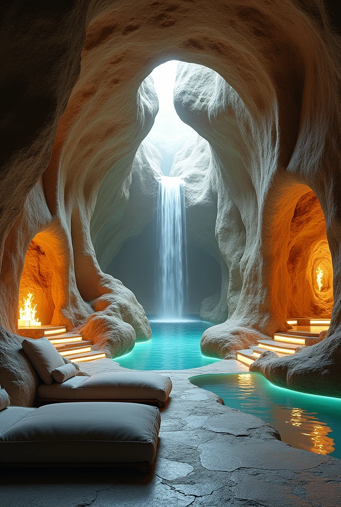 "A luxurious underground room inside a cave, designed with a blend of natural stone elements and modern materials inspired by Zaha Hadid's architecture. The space features a waterfall that adds a fantasy-like atmosphere. The room is equipped with various leisure devices and is illuminated with ambient lighting. The design combines the raw beauty of the cave with the sleek, flowing lines and futuristic aesthetics typical of Zaha Hadid's work. The image is highly detailed, as if it were an artistic photograph, with all elements proportioned meticulously. The overall environment is cozy yet opulent, creating a surreal and immersive experience."