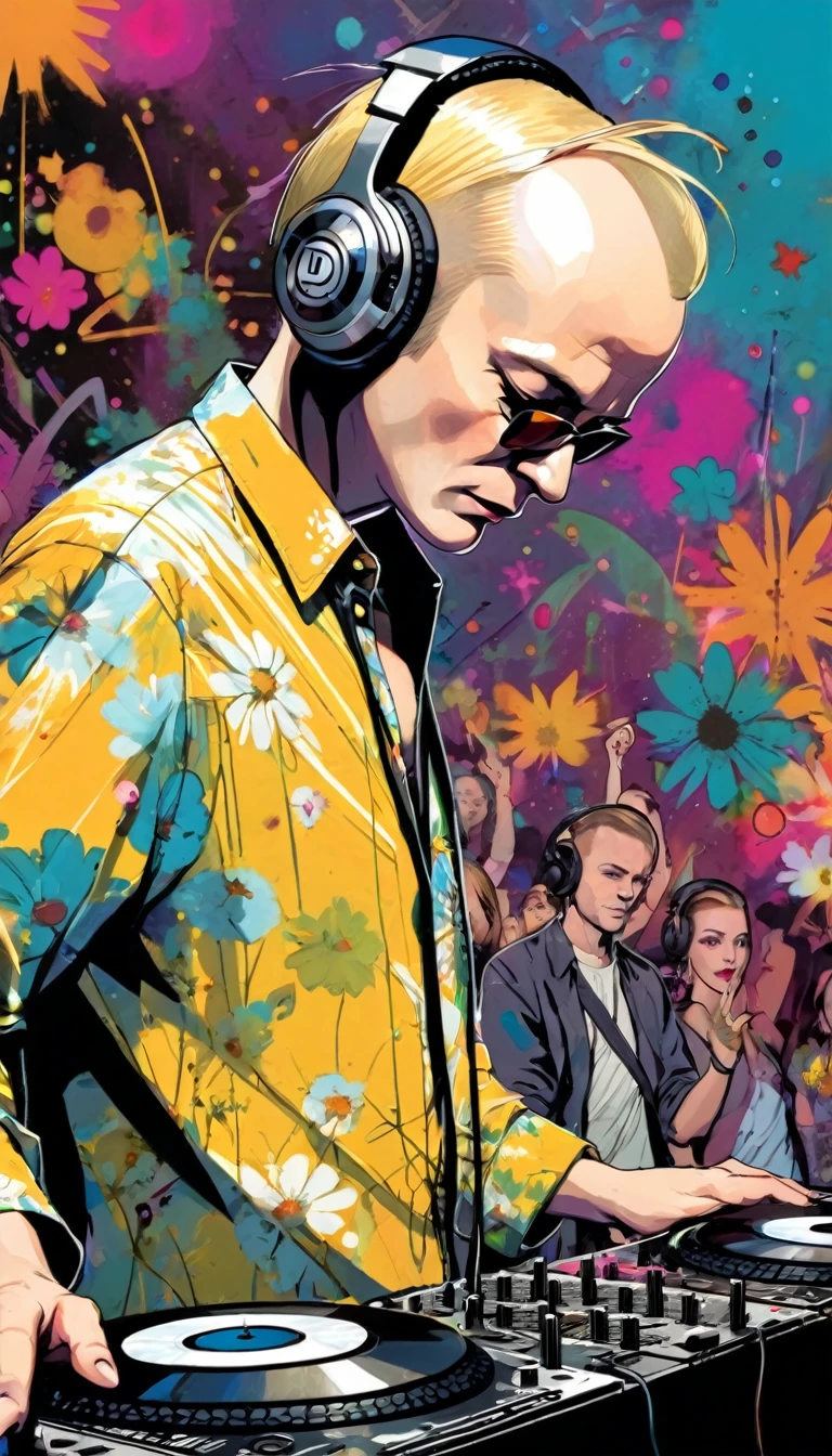 thin man, shaved blonde hair, receding hairline, small toupee, flowered shirt, dj, DJing, dynamic pose, lively audience,art inspired by Bill Sienkiewicz and Dave McKean