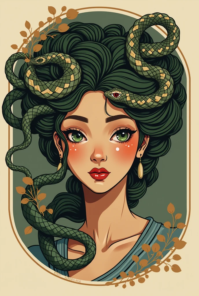 CAFETERIA LOGO WITH MEDUSA, GREEK MYTHOLOGICAL FIGURE WITH GREEN AND BROWN COLOR PALETTE, half oriental woman