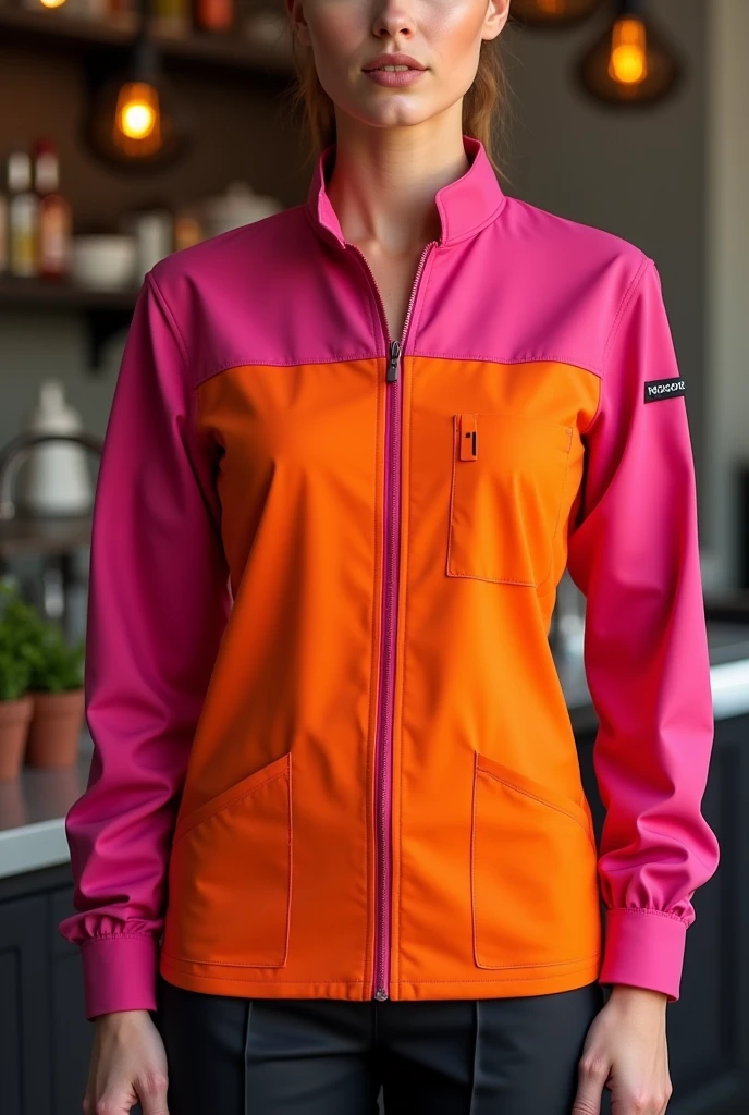 Kitchen uniforms for a restaurant called perras ganas wear orange and fuchsia