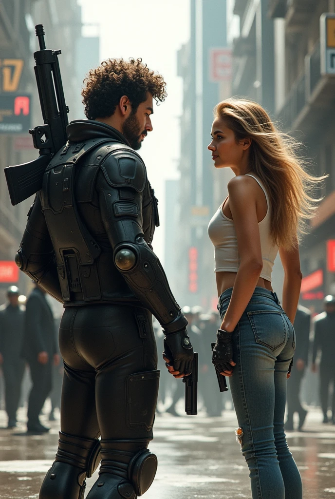 Young Brazilian man 20, brown curly hair, Caucasian skin , eyes browns, failed beard, futuristic combat suit, weapon on back, pistol in right hand, futuristic city of thieves and robots, Thai woman, long light hair, chemise, jeans, above all, pistol on right thigh, Futuristic city robots and thieves.