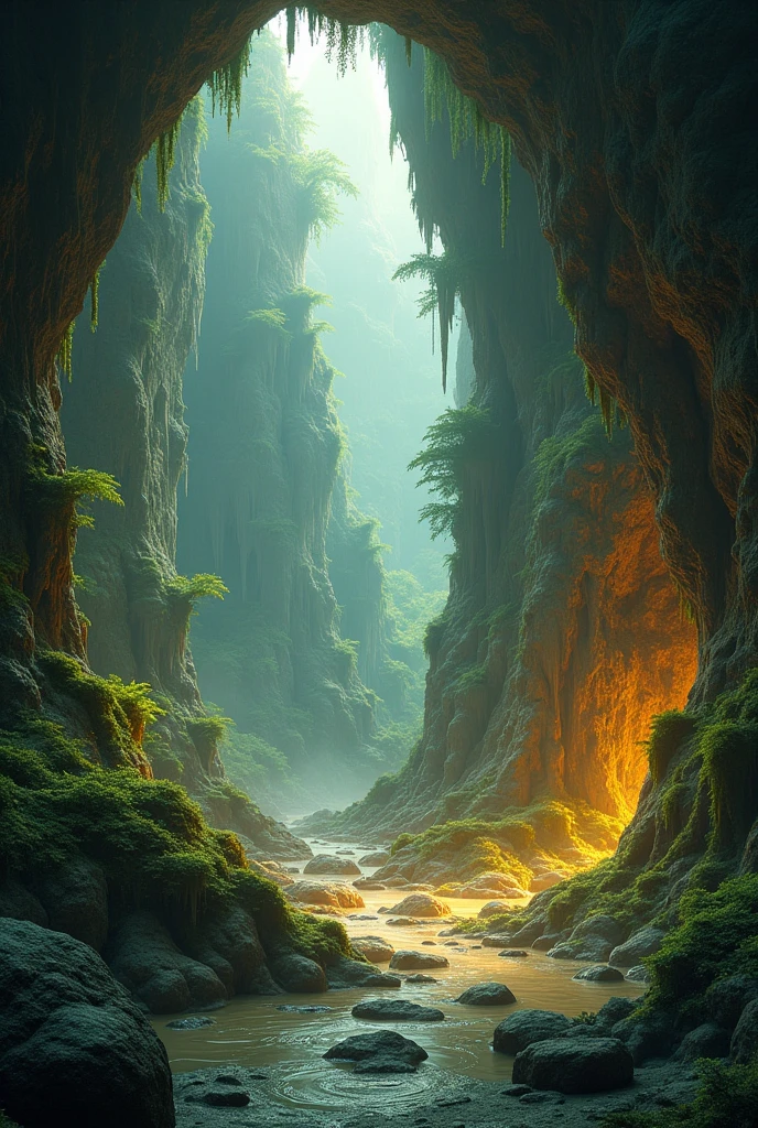 generates a cave background for a fairy tale with green and brown color without water