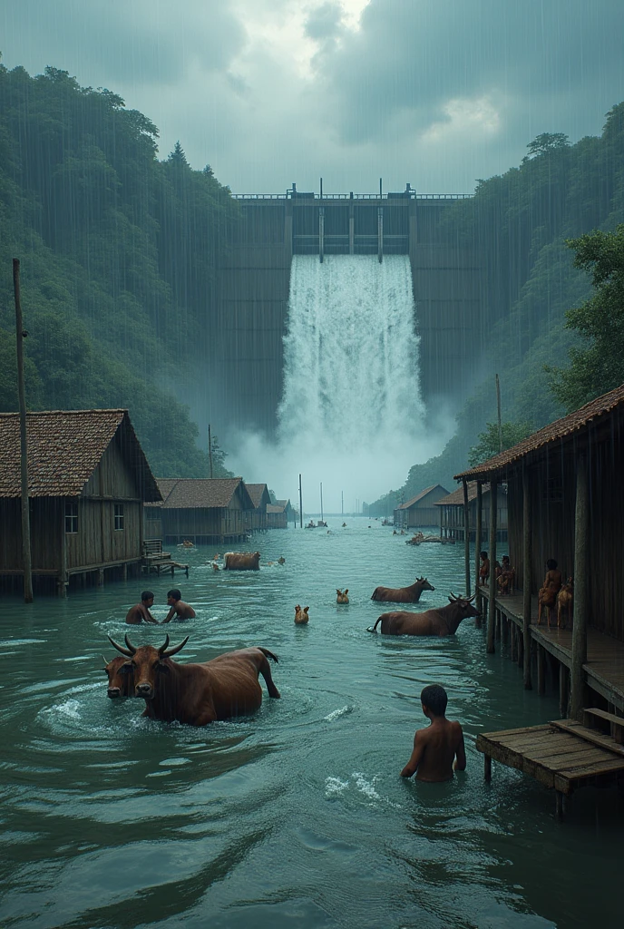 A village buildings, huts, people, men, women, children, cows, goats, chickens are all under water due to flood water. Rain is falling from the dark cloudy sky above. Behind is a dam from which water is continuously falling from which this flood is created.