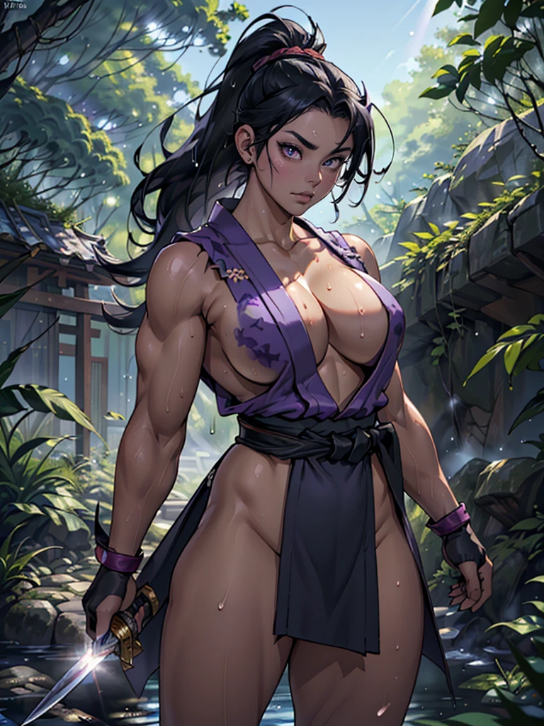 (masterpiece, ultra quality, Beautiful detailed, extremely detailed,16K, exquisite, absurdity, highres, Beautiful background, Beautiful eye, Beautiful skin, anime style), (upper body focus:1.4), Dynamic composition with depth、fisheye lens, ((A girl standing with a sword)), Battoujutsu, prepare the sword, fingerless gloves, perfect hands, (knife, Detailed knife), ((Uplifting)), (Running towards the audience), running, looking at the viewer, 1 female, solo, Azumi-chan 1, kunoichi、(((Dark purple sleeveless kimono:1.2)), ((No sleeve)), ((Black belt)), ((dark purple loincloth)), fun-etchu, Kunoichi costume, dark red eyes, Tree eyes, thick eyebrows, (thick glossy lips:1.1), (huge saggy breasts:1.2)、cleavage、(bouncy breasts:1.2)、covered nipples, ((muscular)), beautiful legs, cameltoe、anger、black hair in high ponytail、bouncing hair、fluttering hair、sweaty:1.2、Sweat droplets、outdoor、in the forest、cinematic lighting, sunshine, (overhead view background:1.4), sights of japan