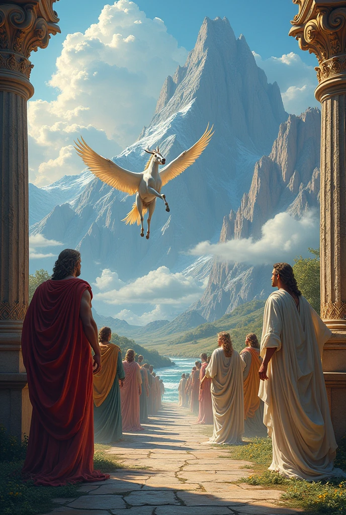Create a canvas on ancient Greece with some gods, a pegasus and among other things on Olympus