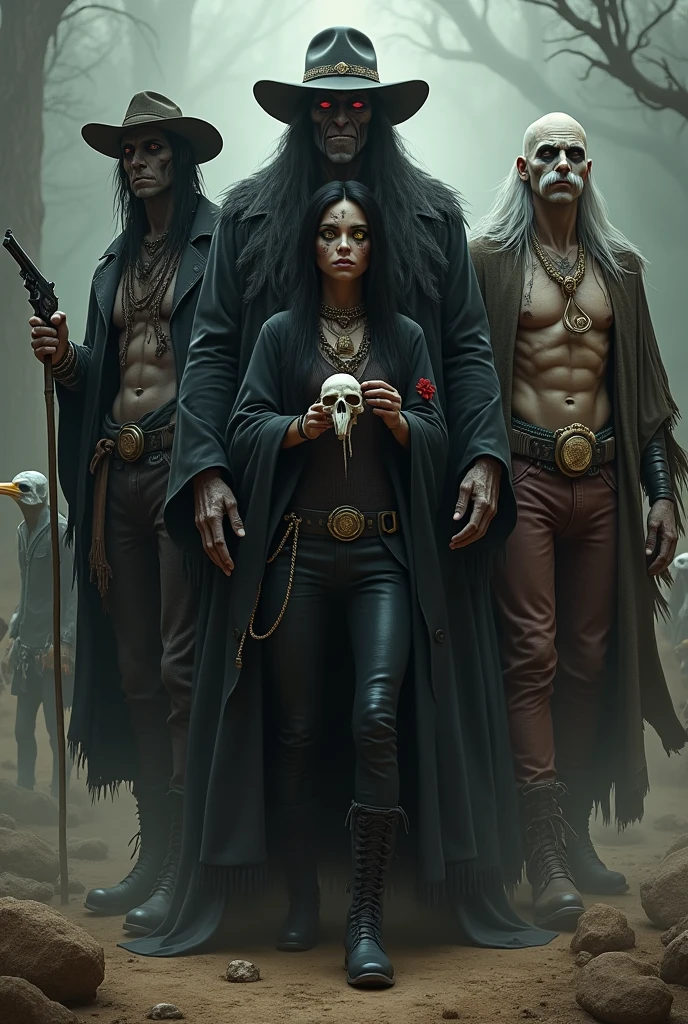 Jack is 1.80 meters tall, with long, greasy hair and a deteriorated cowboy hat on his head. His face appears to be a mix between human and undead, with a lifeless tone and a portion of his face missing. His eyes are black and empty. He wears a black trench coat with a sheriff's badge, dark pants, and boots, and carries a revolver in each hand. He is known as the Death of the Old West, exuding a heavy and dark energy that terrifies everyone he encounters.He is 1.80 meters tall, with medium-length, spiky black hair slicked back.
Mista has dark skin with a bluish tone and red eyes. He carries an immense sense of superiority over others, demanding that everyone kneel before him. He wears only black pants with boots, keeps his hands in his pockets, and has a terrifying gaze.
Elise is a woman who is 1.80 meters tall, with long, straight black hair adorned with a flower decoration. She has yellow eyes with black sclera, giving her a visually striking yet sinister and macabre appearance. She wears a black kimono with gold details and red flowers, along with boots. She carries a fan in her hands and has a dark aura, with the ability to control others by binding them in chains.
Raven is a bald, black man with yellow eyes, an indigenous leader who controls everyone beneath him. He has white body paint that forms a skull on his face. He walks bare-chested, revealing his strong physique, and wears a cape made of feathers on his back, along with leather pants and boots adorned with feathers around the waist. He carries a staff topped with the skull of a large bird, and exudes a dark aura that conveys fear and superiority.
Doctor is 1.75 meters tall, with white skin and long white hair. He has only a long white mustache and wears scientist glasses. He has green eyes, is slim, and wears a doctor's lab coat over regular clothes, along with common pants and boots. He carries a flask with fluorescent liquids and has a crazy smile on his face, giving the impression that he is somewha