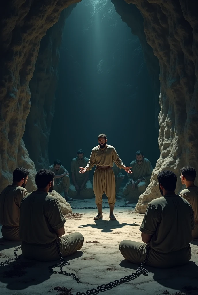 The prisoners inside the cave mocking or walking away from the freed prisoner, who tries to explain to them what he has seen.