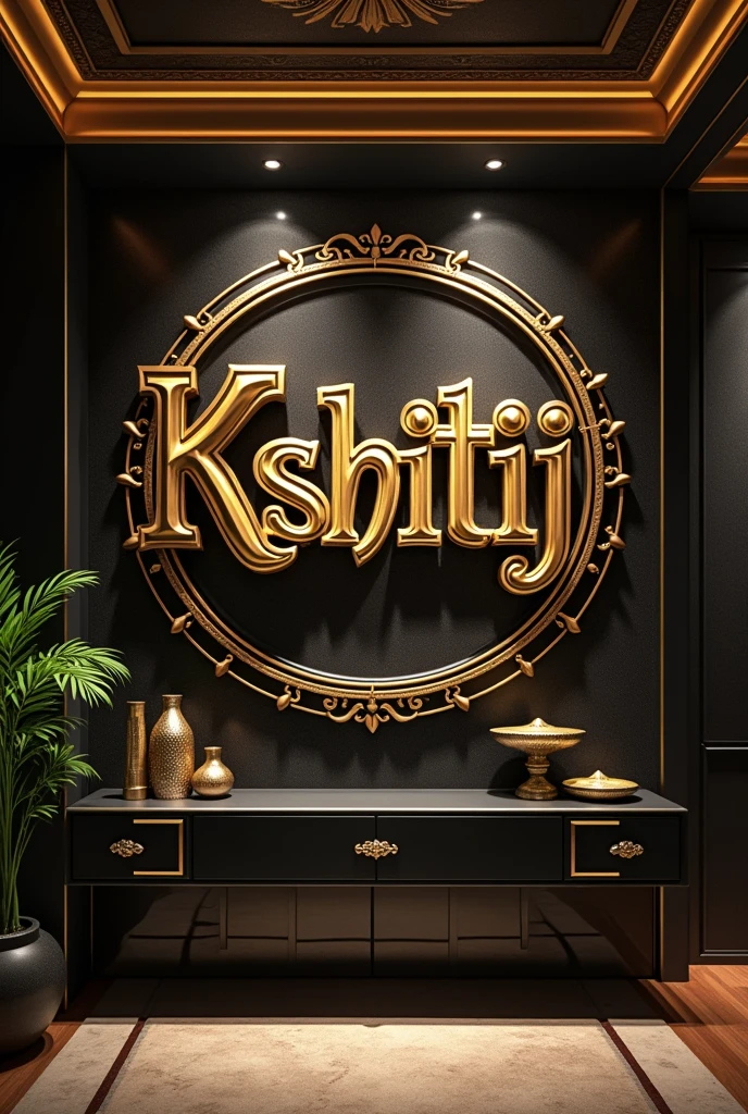 Make a realistic photo of a word art in which kshitij is written in royal style and in golden and black combo .. with modern designs in background with excellent desinger background print on wall of room realistic